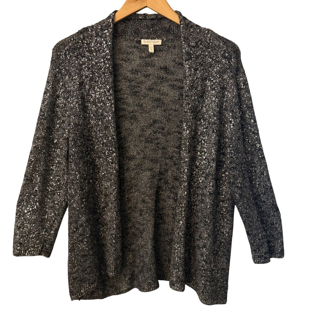 Eileen Fisher Sz L Linen Blend Black Marled Layering Open Front Cardigan Sweater